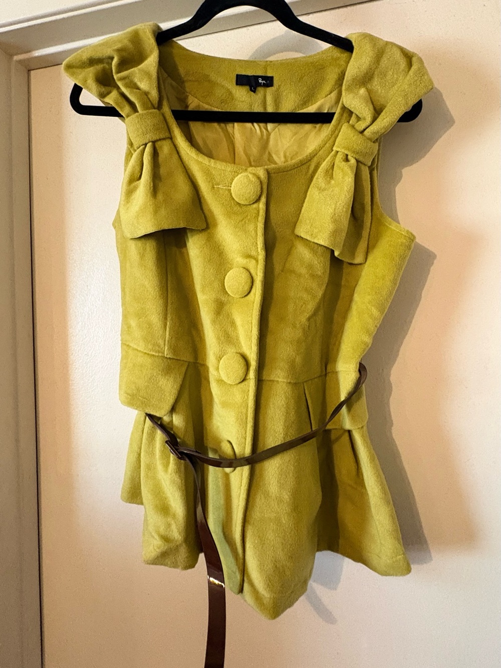 Ryu Chartreuse Lime Green Whimsigoth Bow Accent Button Front Vest Jacket Belted